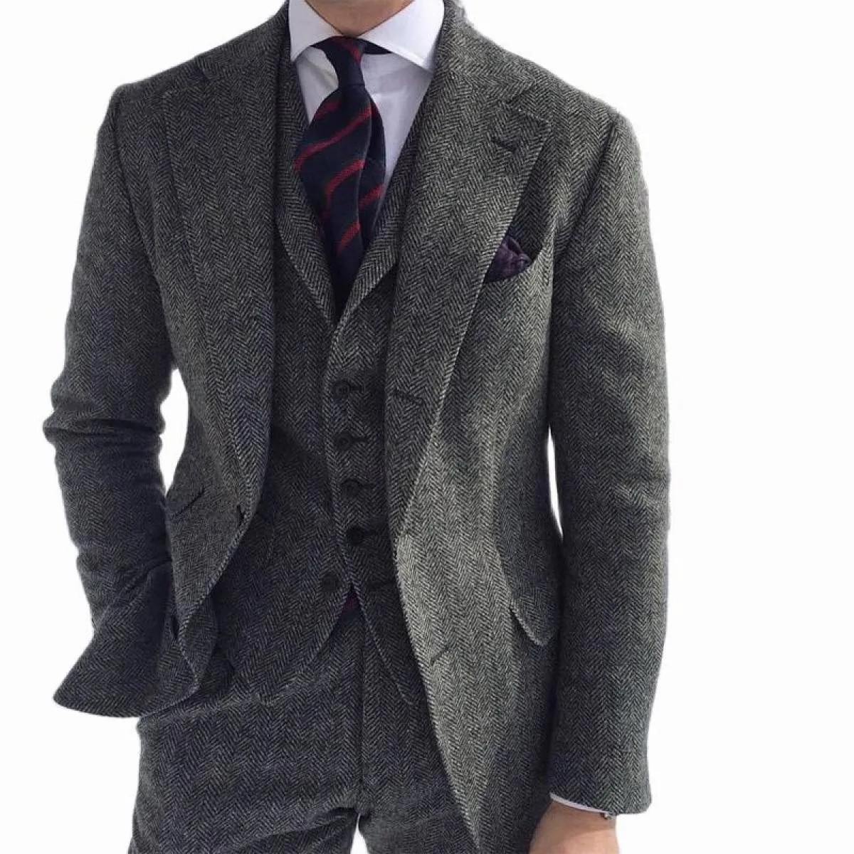 Abito da uomo invernale in tweed di lana grigio per matrimonio formale smoking da sposo a spina di pesce moda maschile 3 pezzi (