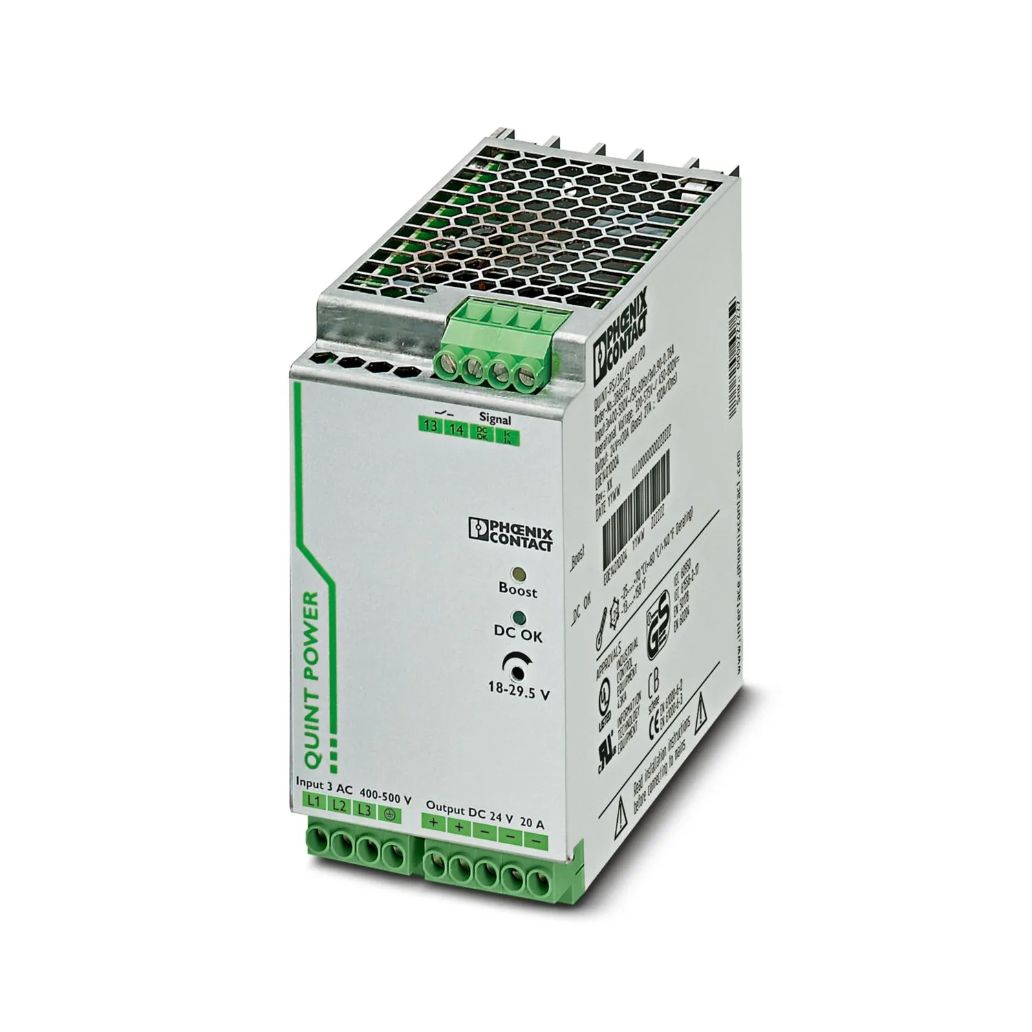 Alimentatore a montaggio su guida DIN Phoenix Contact, 24V cc, 20A, 400V ca, 480W