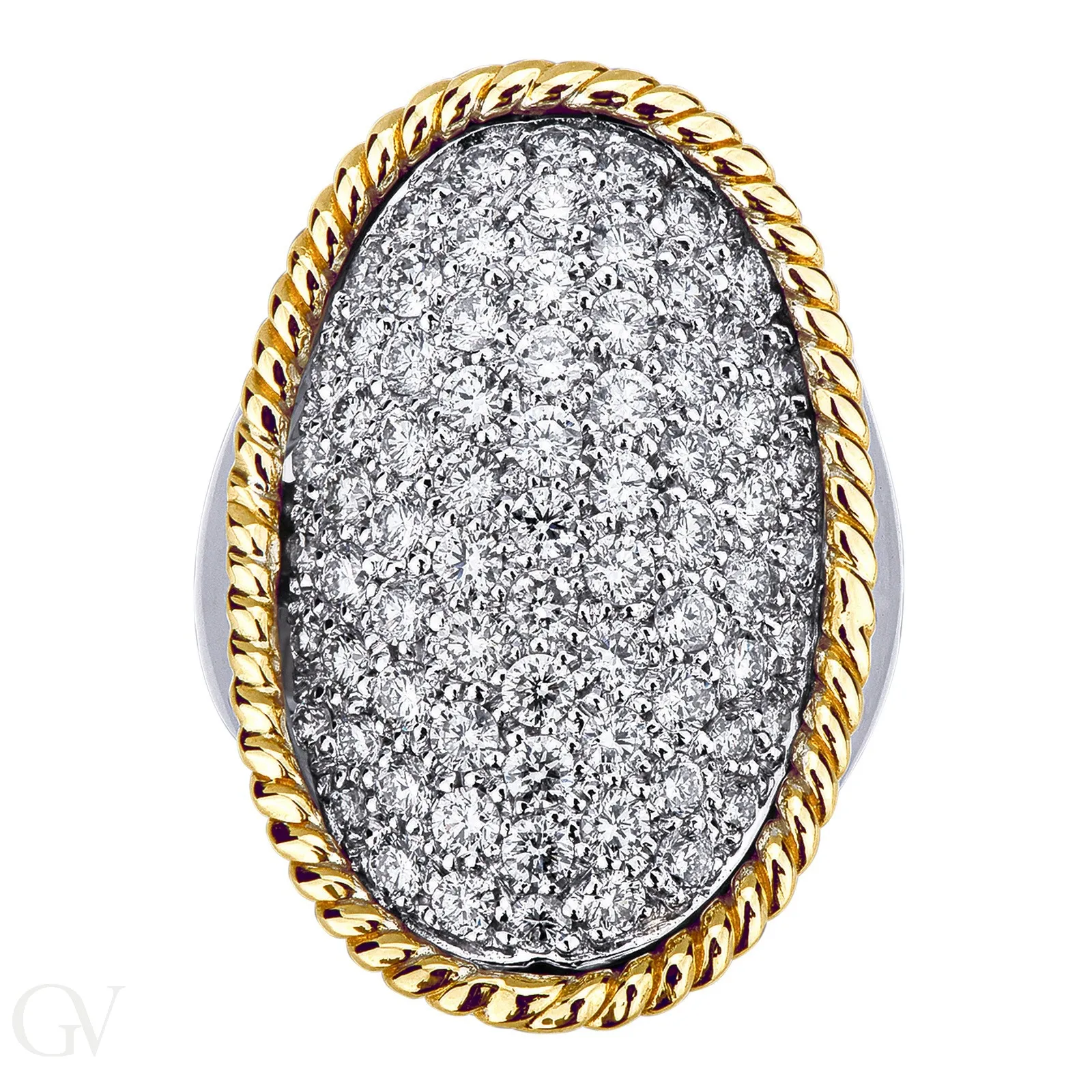 Anello in Oro bianco e giallo 18k con grande pavè ovale in Diamanti
