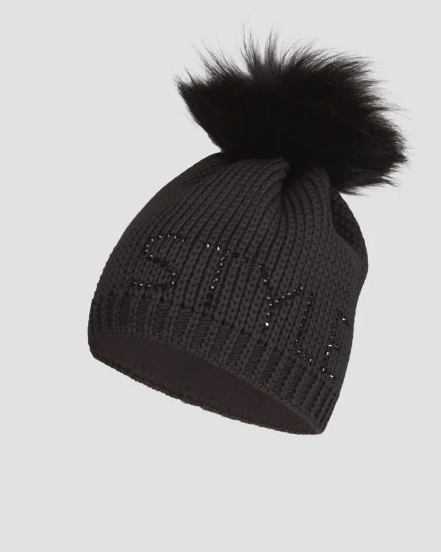 Berretto invernale nero da donna Sportalm con pompon in pelliccia