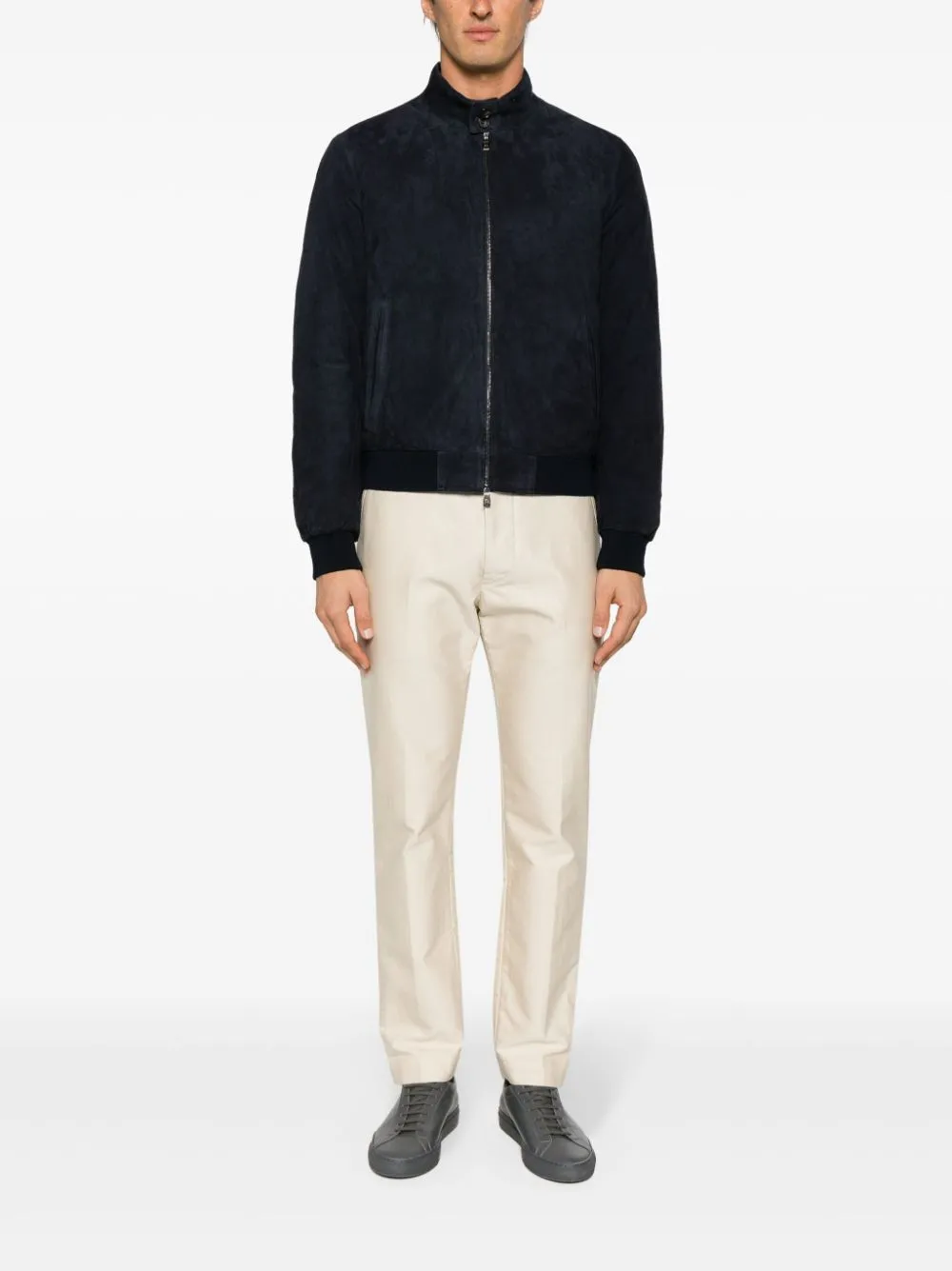 bomber blu in pelle scamosciata