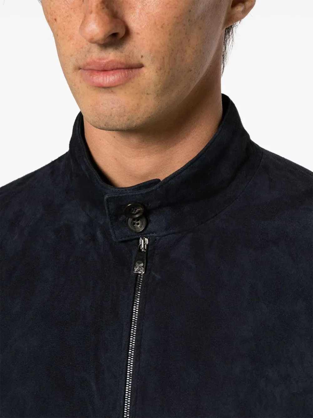 bomber blu in pelle scamosciata