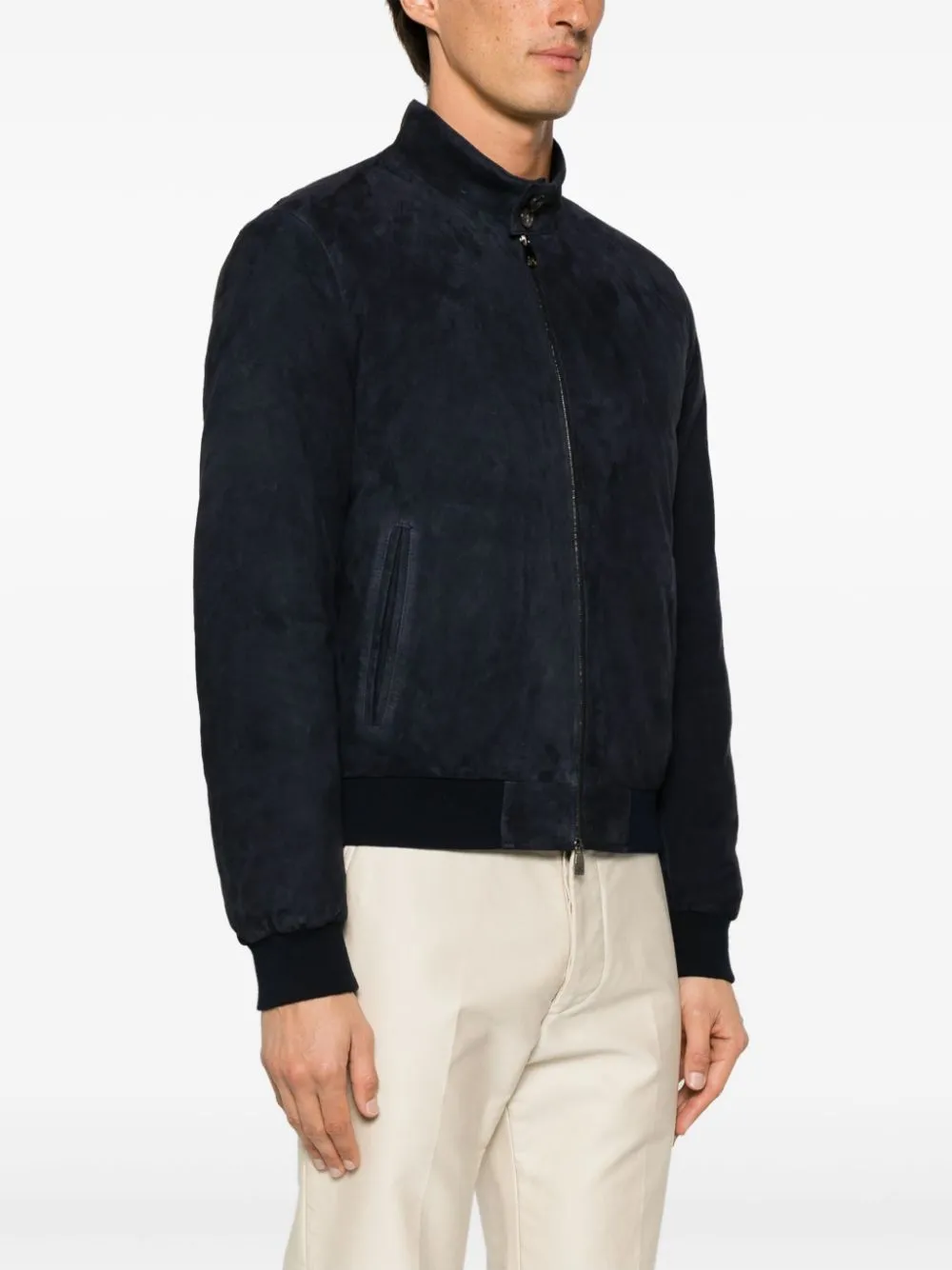 bomber blu in pelle scamosciata