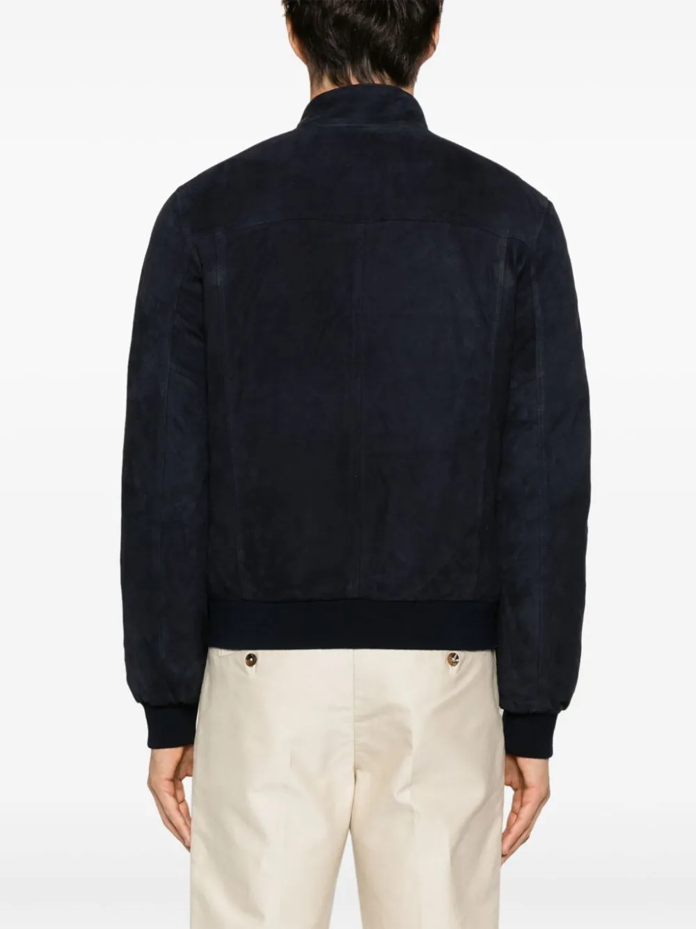 bomber blu in pelle scamosciata