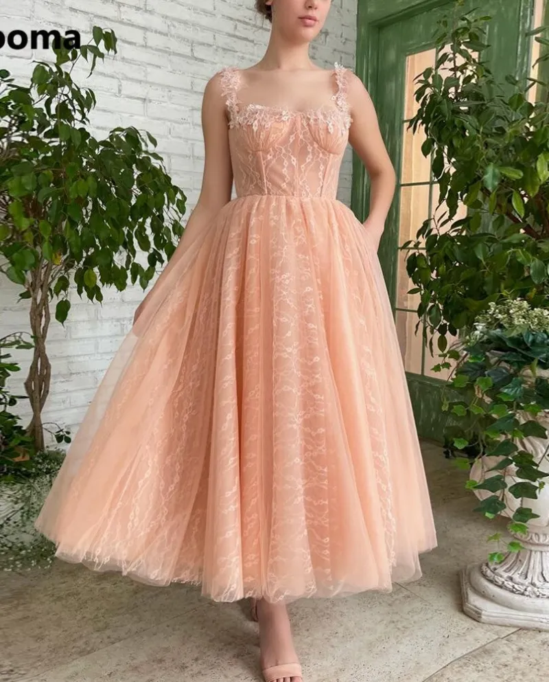 Booma 2022 Peach Lace Midi Prom Dresses Sweetheart senza spalline Aline Abiti da festa di nozze Tealength Short Evening
