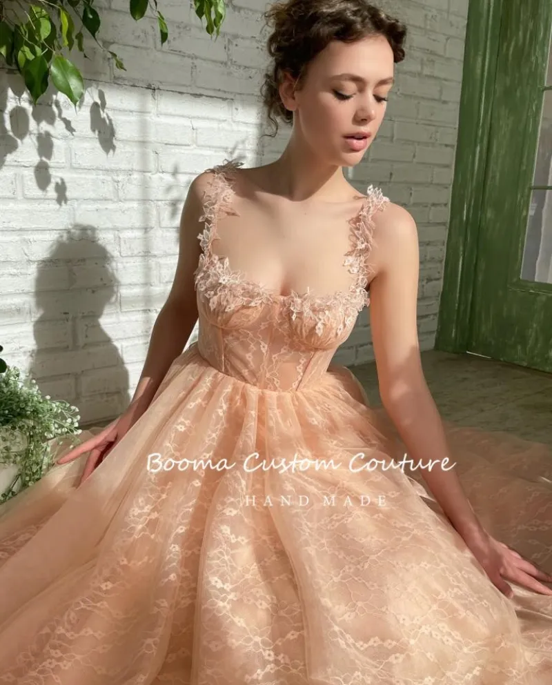 Booma 2022 Peach Lace Midi Prom Dresses Sweetheart senza spalline Aline Abiti da festa di nozze Tealength Short Evening