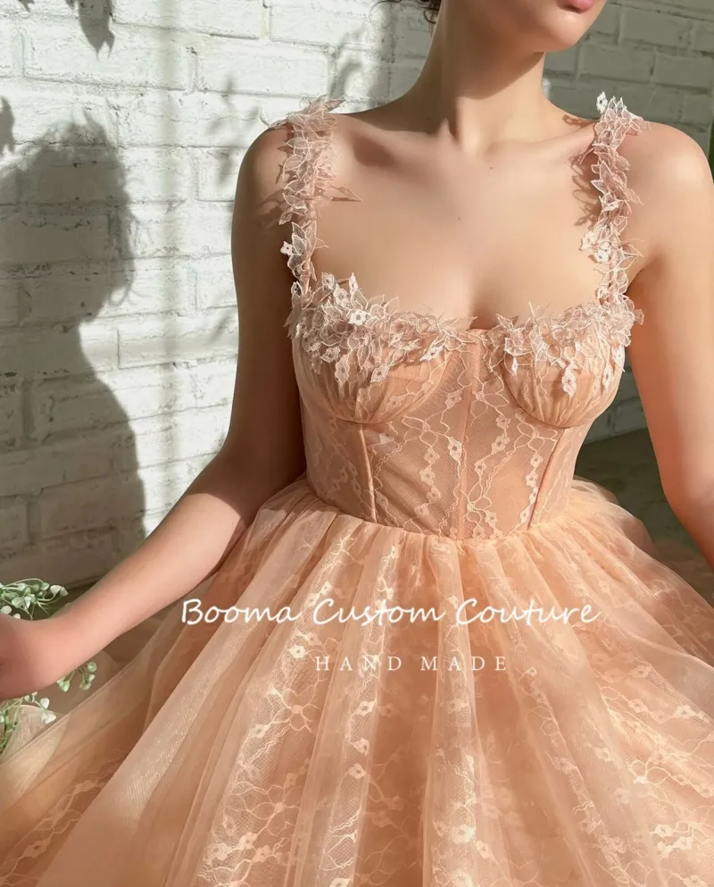 Booma 2022 Peach Lace Midi Prom Dresses Sweetheart senza spalline Aline Abiti da festa di nozze Tealength Short Evening