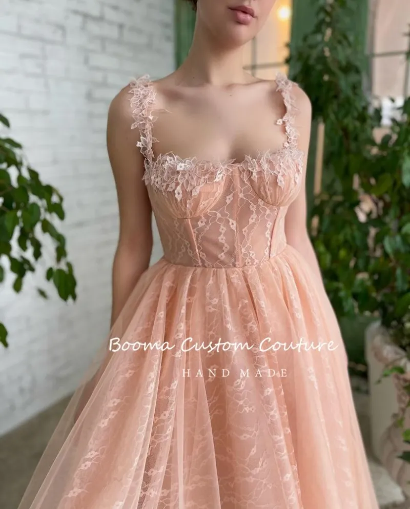 Booma 2022 Peach Lace Midi Prom Dresses Sweetheart senza spalline Aline Abiti da festa di nozze Tealength Short Evening