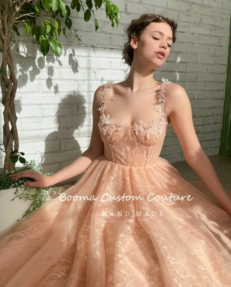 Booma 2022 Peach Lace Midi Prom Dresses Sweetheart senza spalline Aline Abiti da festa di nozze Tealength Short Evening
