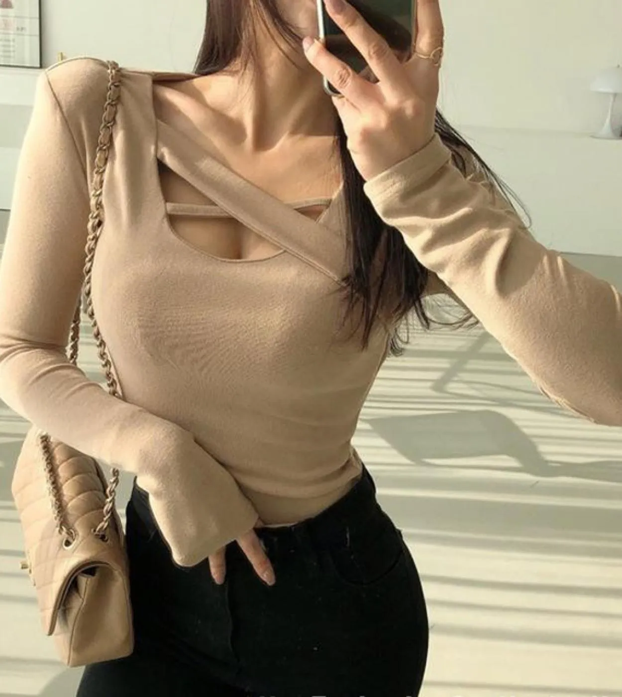 Chic Cross Lowcut Ladies Slim Tshirt Nuova camicetta invernale da donna Donna Elegante maglietta a maniche lunghe tinta unita 12