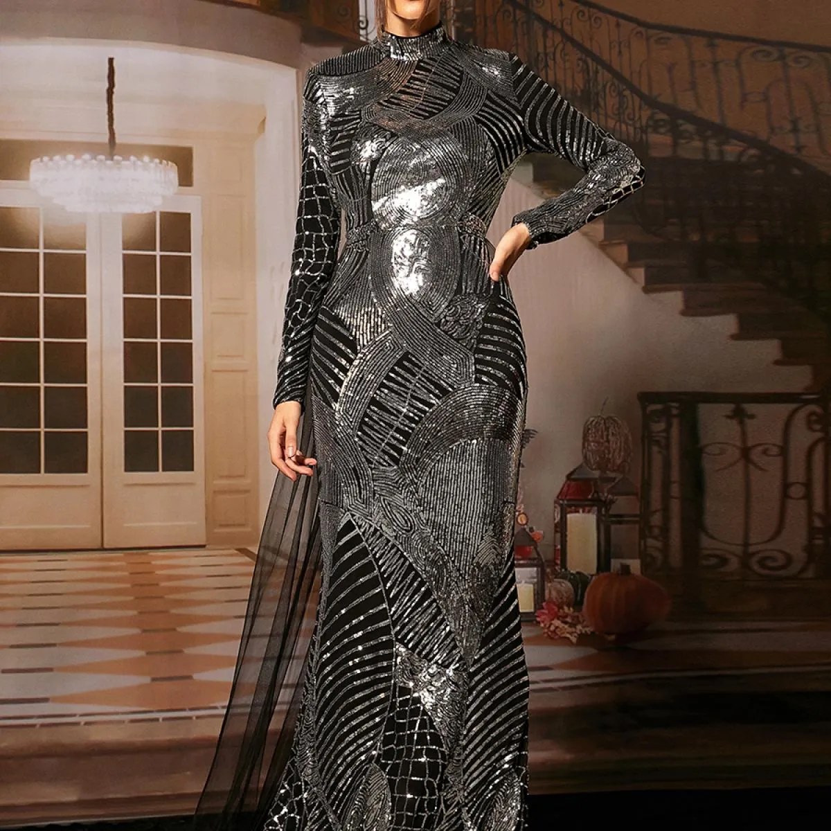Missord Abito invernale da donna slim formale Abito da cerimonia a sirena con maniche lunghe con paillettes brillanti con orlo i
