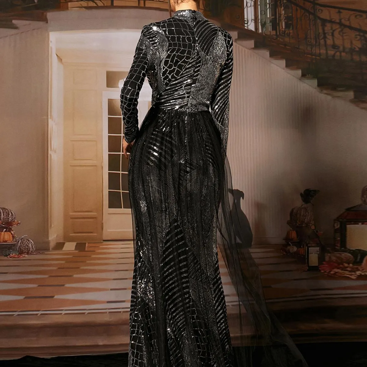 Missord Abito invernale da donna slim formale Abito da cerimonia a sirena con maniche lunghe con paillettes brillanti con orlo i