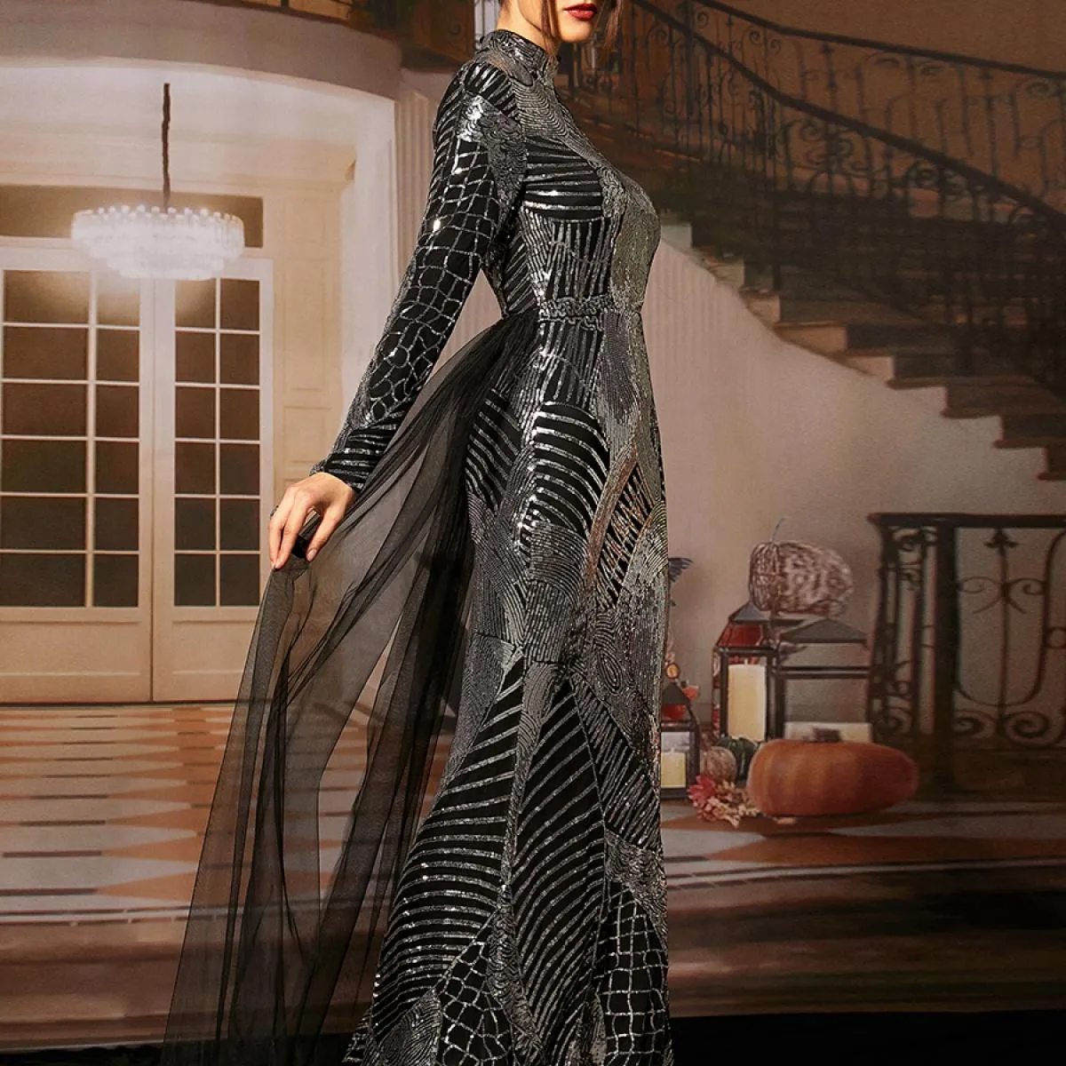 Missord Abito invernale da donna slim formale Abito da cerimonia a sirena con maniche lunghe con paillettes brillanti con orlo i