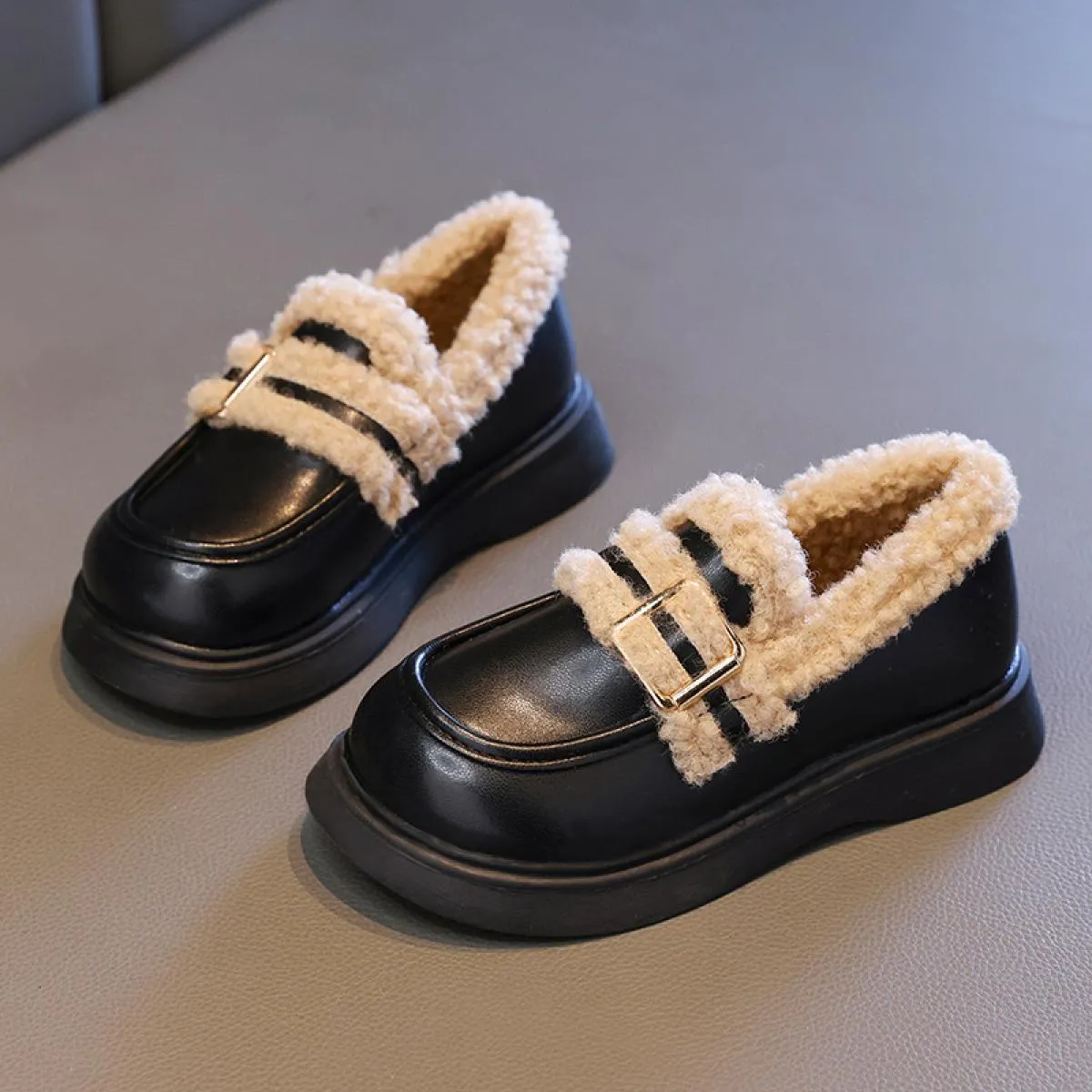 Scarpe in pelle PU con zeppa Ragazze Scuola invernale Tempo libero Scarpe da studente con fondo addensato Scarpe da principessa