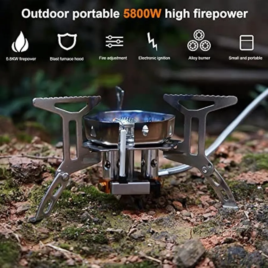 Stufa a gas da campeggio da 5800 W, mini bruciatore a gas portatile con accensione piezo-elettrica, pieghevole antivento stufa a