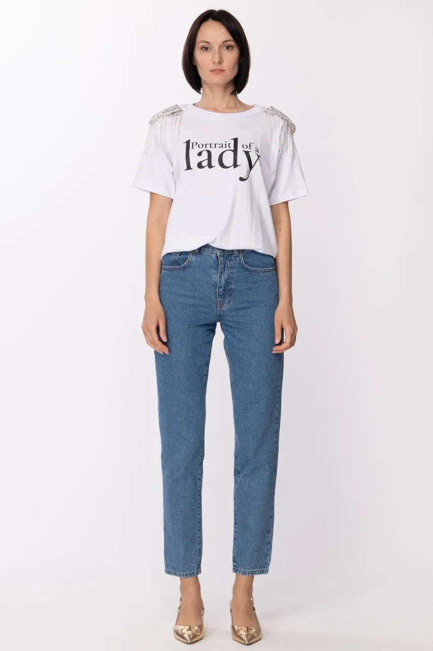 T-shirt con stampa e spalline gioiello Bianco