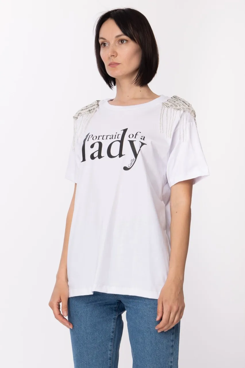 T-shirt con stampa e spalline gioiello Bianco