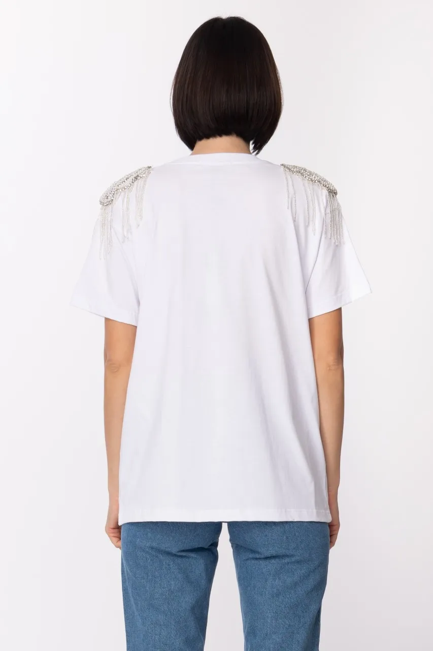 T-shirt con stampa e spalline gioiello Bianco