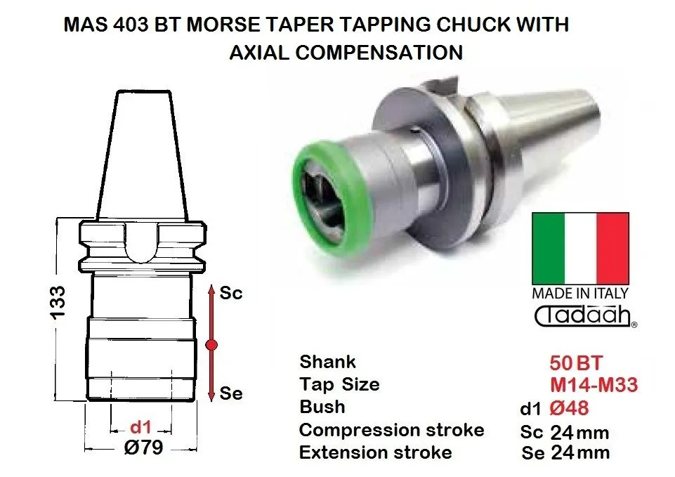 TD0136MCRBT10 Maschiatore attacco cono MAS 403-BT50 con compensazione assiale per filettature da M14 a M33 - attacco bussola Dia