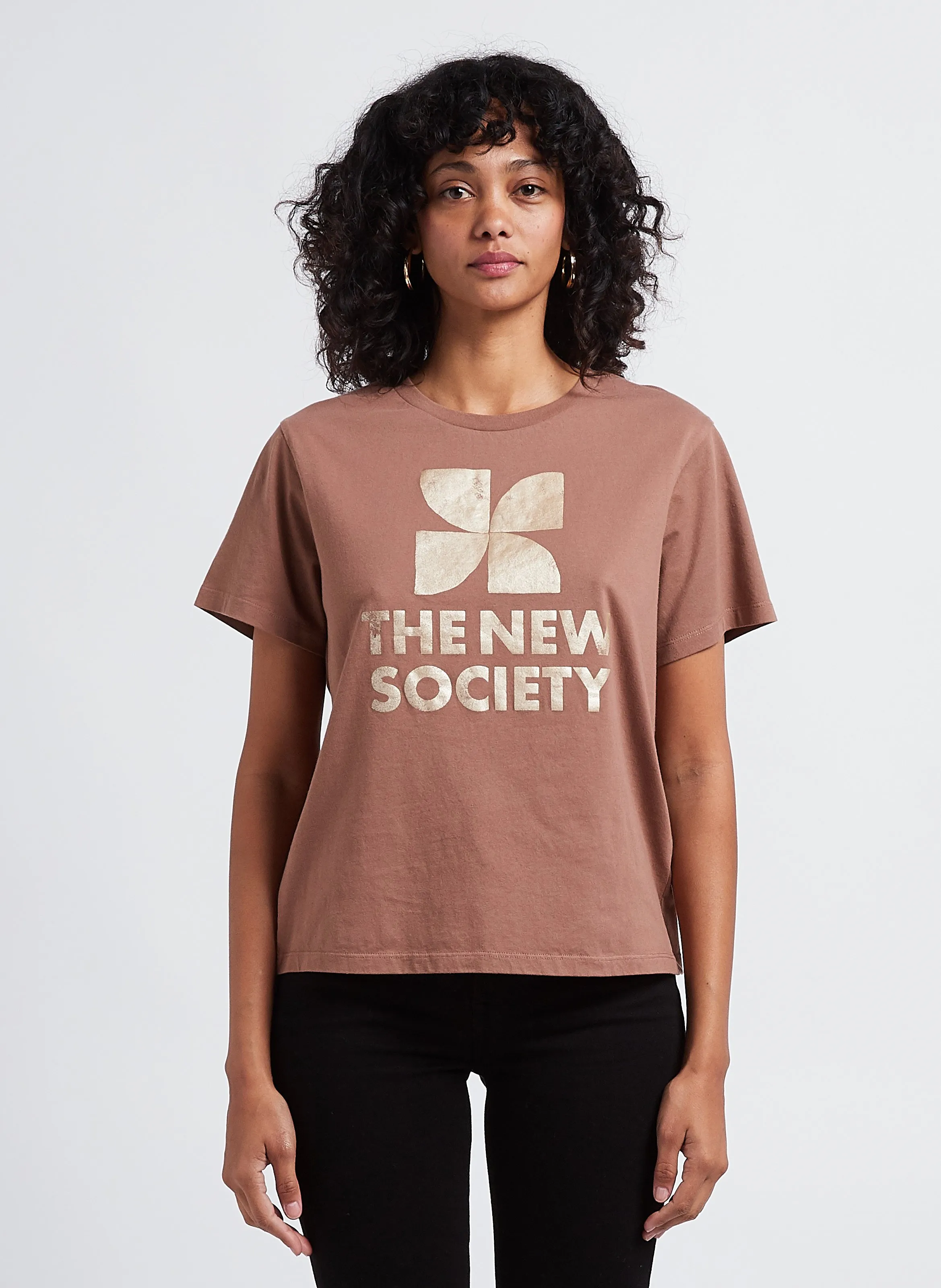  THE NEW SOCIETY   AMARA - T-shirt scollo tondo serigrafata in cotone | Marrone