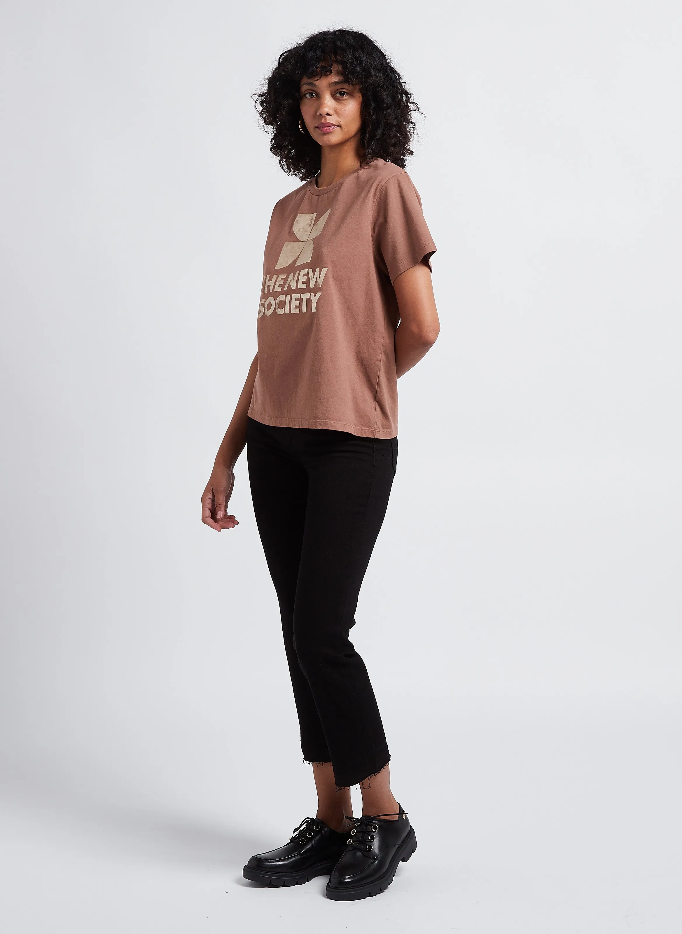  THE NEW SOCIETY   AMARA - T-shirt scollo tondo serigrafata in cotone | Marrone