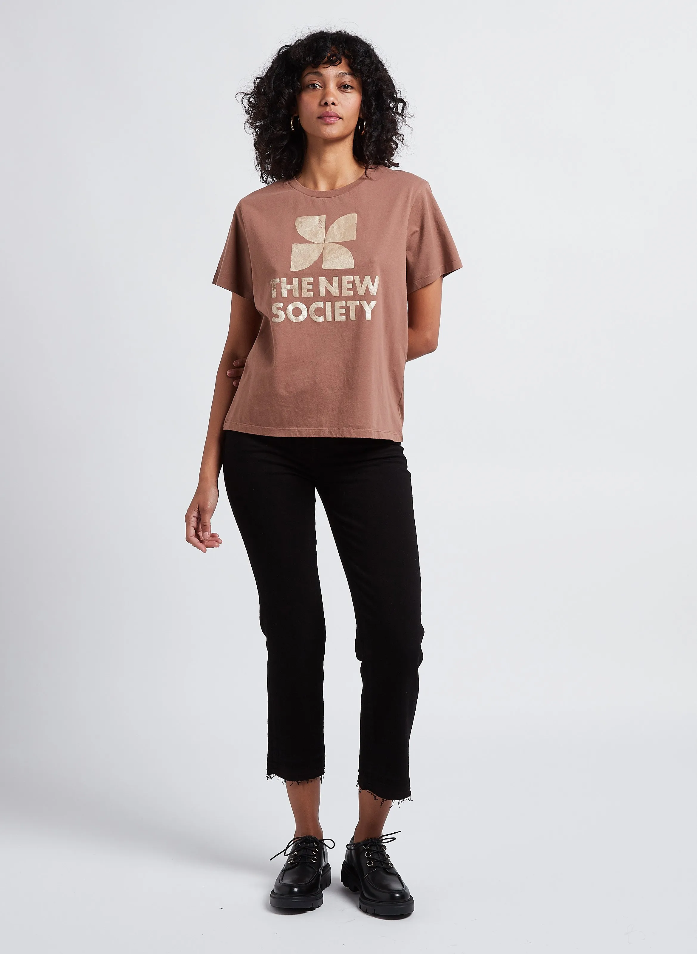  THE NEW SOCIETY   AMARA - T-shirt scollo tondo serigrafata in cotone | Marrone