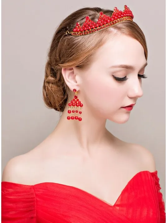 Tiara ed Orecchini con perline e strass rossi
