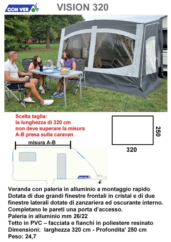 Veranda CONVER VISION 320 CON KIT INVERNALE caravan roulotte MONTAGGIO RAPIDO  made in Italy
