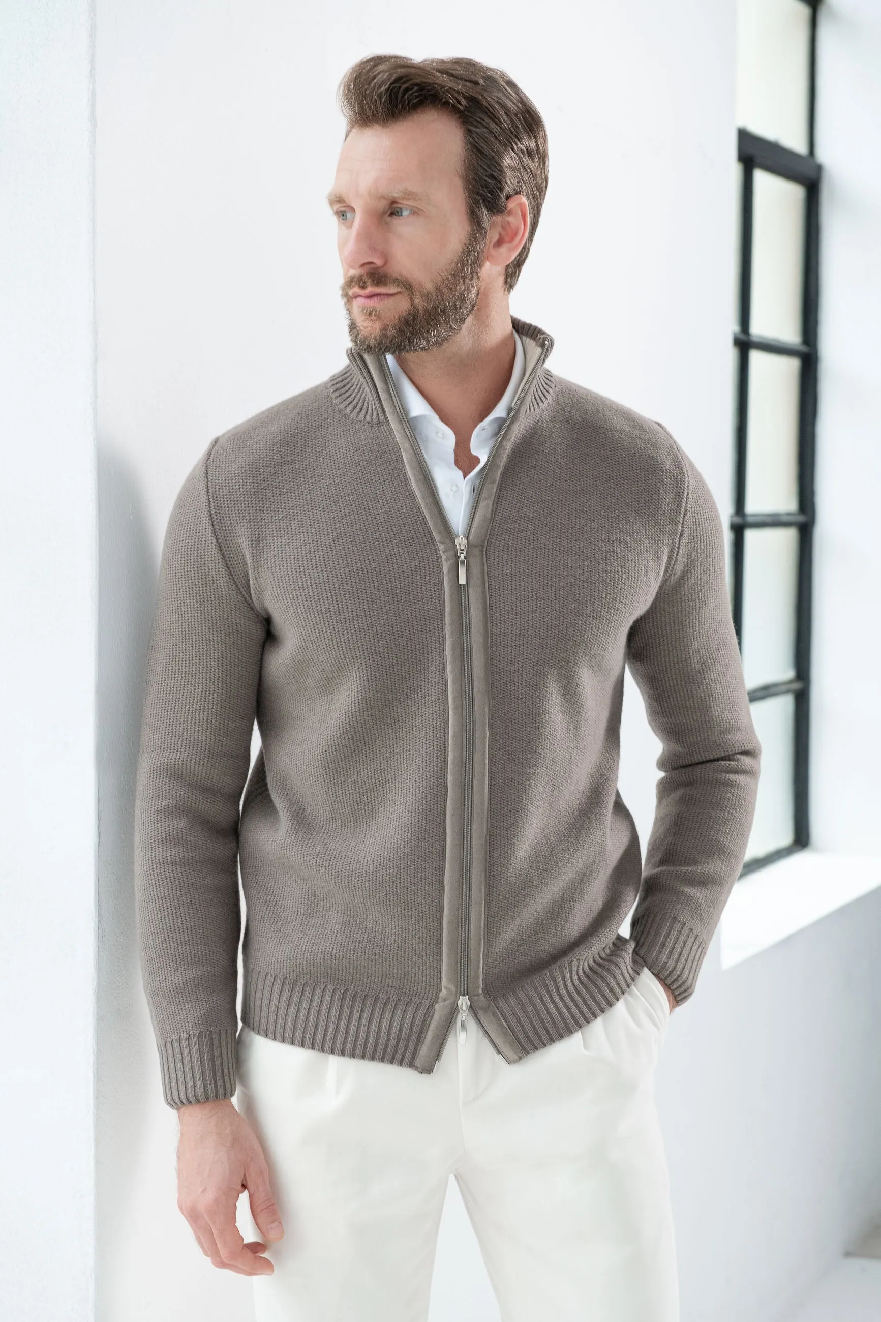 Zip intera in misto cashmere nido d'ape tortora – Made in Italy    