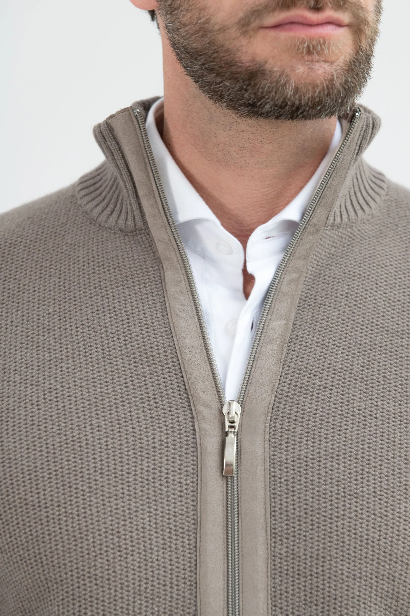 Zip intera in misto cashmere nido d'ape tortora – Made in Italy    