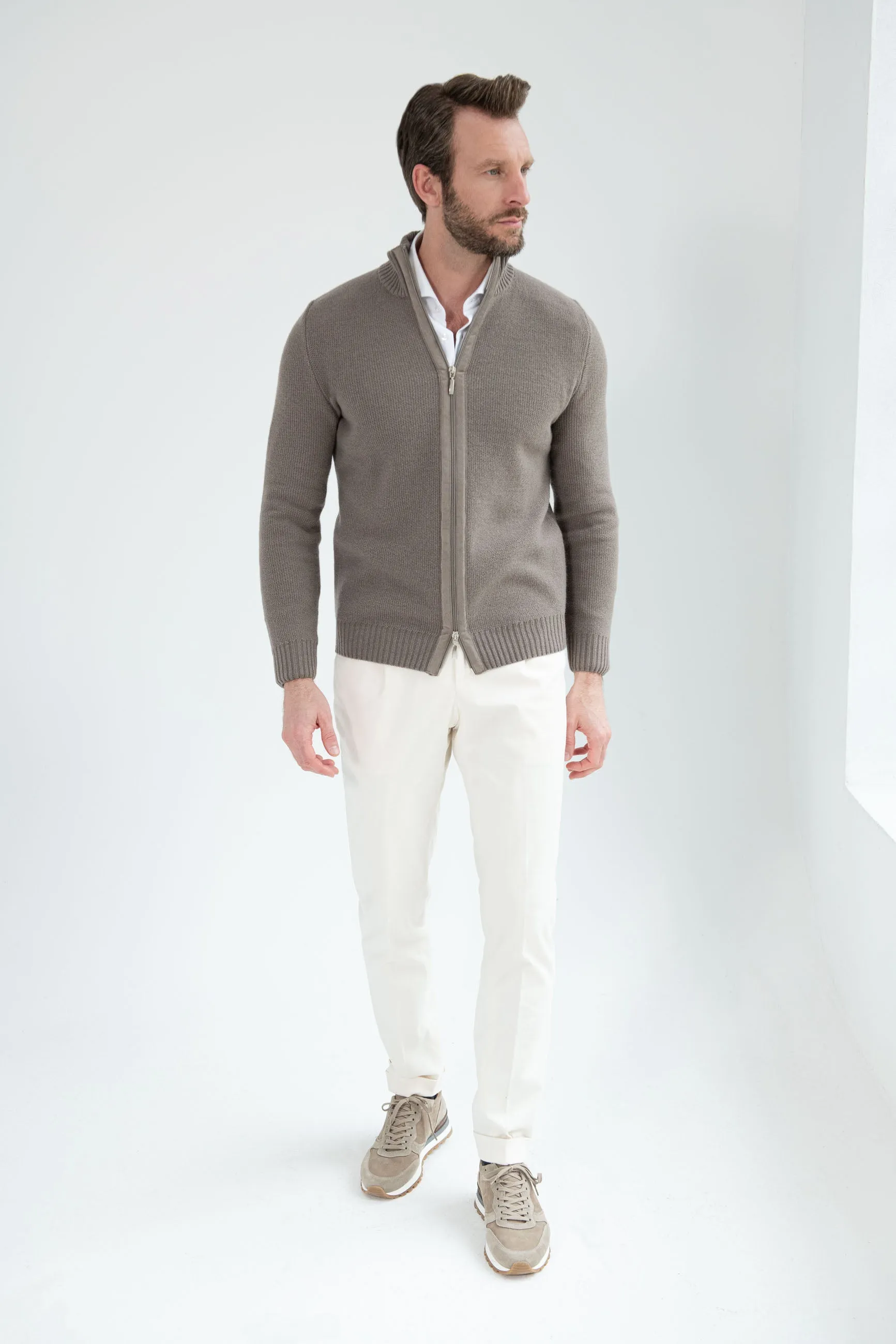 Zip intera in misto cashmere nido d'ape tortora – Made in Italy    